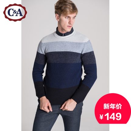 简约舒适！C＆A 男式撞色圆领套头针织衫CA200163443