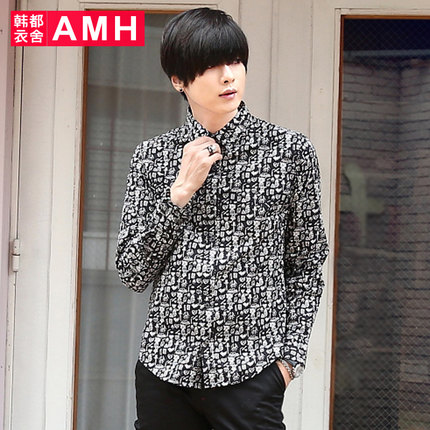 时尚简约！AMH新款男士尖领修身印花长袖衬衫OC4216