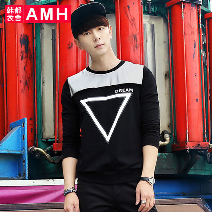 简单随意！AMH圆领拼接印花长袖T恤QZ4255