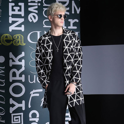 中长款！GENANX闪电 男士宽松西装领单排扣黑白格子风衣