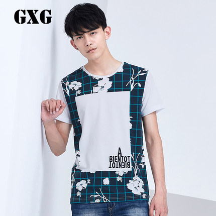 小清新！GXG男士时尚蓝白色圆领短袖T恤#52244257