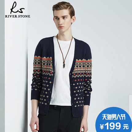 男人节好价！RIVERSTONE 男士v领民族风复古针织衫