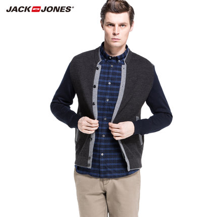 双11预售！JackJones杰克琼斯纯羊毛男拼接开衫214424013