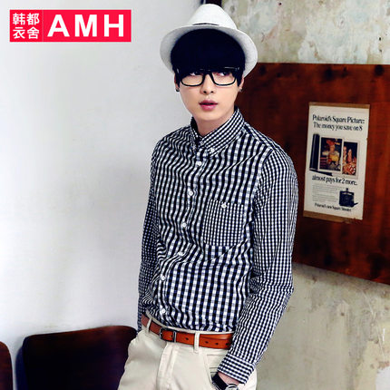 修身设计！AMH格子修身百搭男士长袖衬衫NX4839