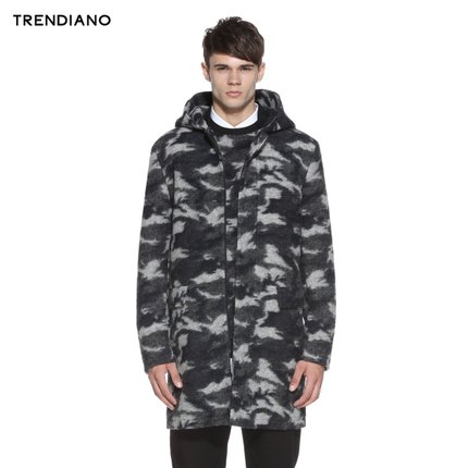 潮流保暖！TRENDIANO 迷彩中长毛呢大衣3154342790