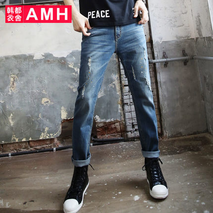 修身版型！AMH新款潮男中腰猫须修身破洞牛仔裤QZ3323