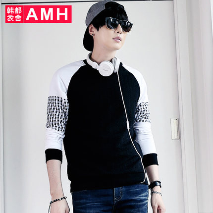 修身版型！AMH圆领修身拼接印花男士长袖卫衣NS5033