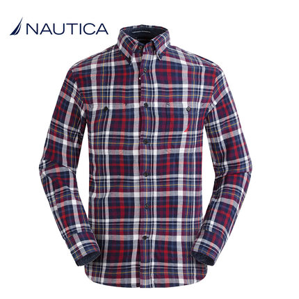 返场购！Nautica诺帝卡男式ESAD格子长袖衬衫W34314