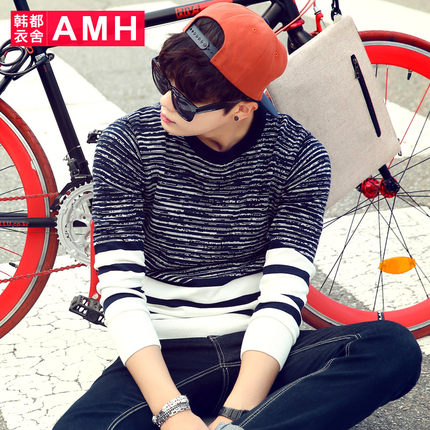 套头修身！AMH圆领条纹男士针织衫OF5204