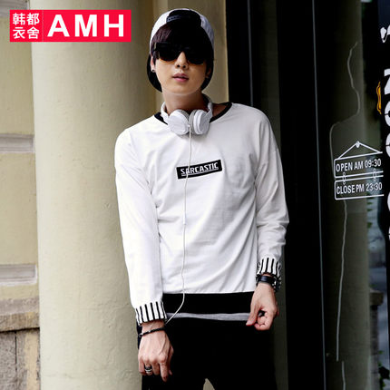 休闲简洁！AMH新款修身圆领字母刺绣套头卫衣OD4602