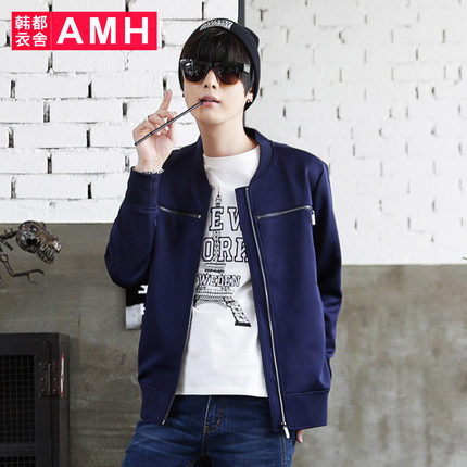 时尚版型！AMH修身棒球领拉链纯色夹克NR4325