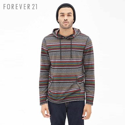 好价！ FOREVER21 男士部落风条纹连帽卫衣