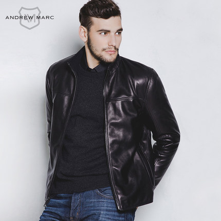 合身帅气！ANDREW MARC男式立领修身真羊皮皮衣