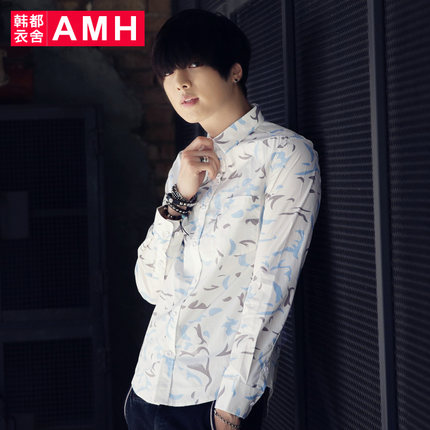 个性印花！AMH方领迷彩印花修身休闲长袖衬衫QO4710