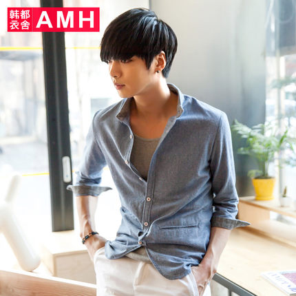 秋季上新!AMH纯色扣领尖领七分袖衬衫