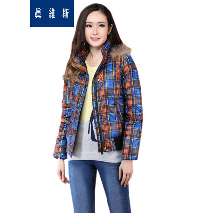 白菜价！真维斯羽绒服女 连帽毛领印花直筒保暖