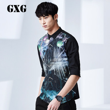 摩登时尚！GXG男士修身黑色七分袖中袖衬衫#52223152