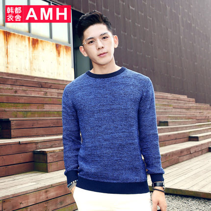 双色拼接！AMH新款修身圆领拼接杂色男士长袖毛衣NR5067