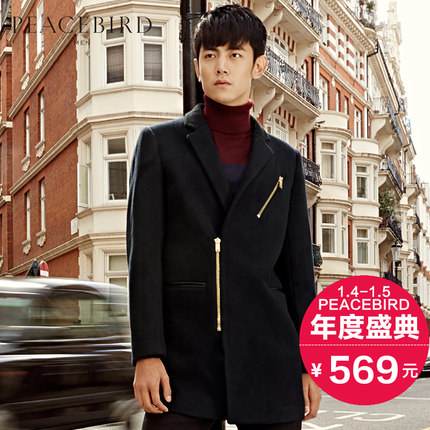 聚划算！太平鸟男装 韩版修身拉链中长款大衣BWAA43216