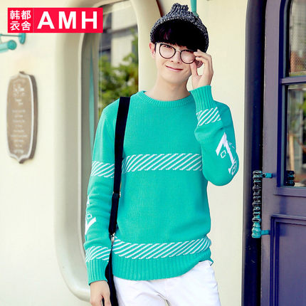 小清新！AMH男士修身圆领图案长袖针织衫PF4309