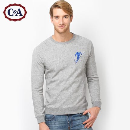 简约时尚！C＆A 男式滑雪绣花纯棉圆领卫衣 CA200144732