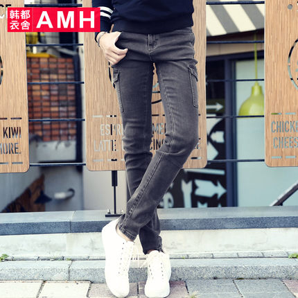 修身版型！AMH时尚中腰修身小脚男士牛仔长裤NS5019