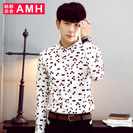 修身版型！AMH新款修身印花男士长袖衬衫NZ4337