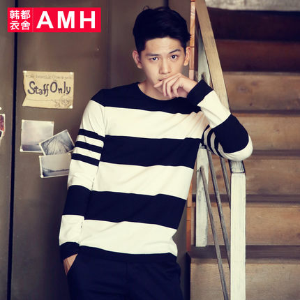 经典条纹！AMH男圆领条纹修身长袖T恤QZ4131