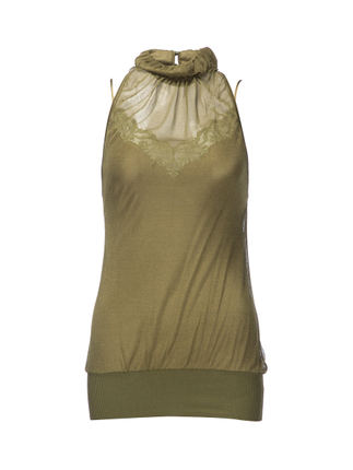 气质！CLASS Roberto Cavalli 橄榄绿高领斜肩上衣