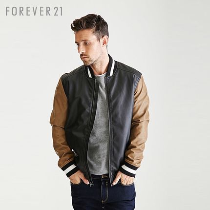 大减价！FOREVER21男士撞色仿皮棒球衫夹克
