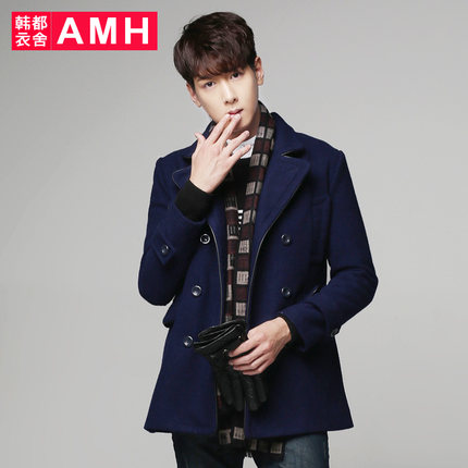 时尚单品！AMH翻领双排扣修身毛呢大衣QO4823