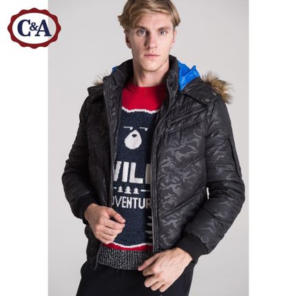 保暖好价！C＆A 男式暗纹连帽白鸭绒羽绒服 CA200143446