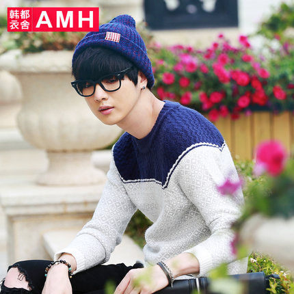 舒适保暖！AMH新款圆领个性潮流拼色修身毛衣QO4074