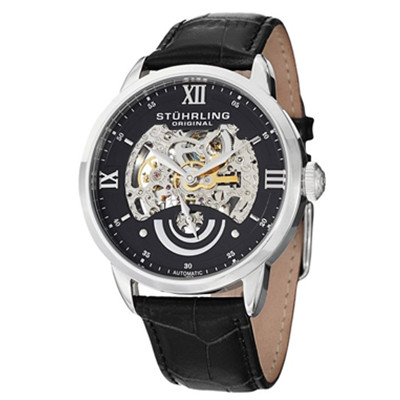 再降！Stuhrling Original男式574.02镂空黑色皮质表带手表