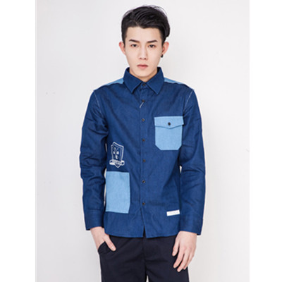 简约帅气！Preppy Elite牛仔布拼接衬衫
