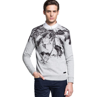 植物印花！SELECTED思莱德男式抓绒混纺套头卫衣