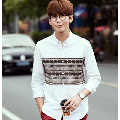 秋装新款！唐狮男式纯棉印花拼接长袖衬衫