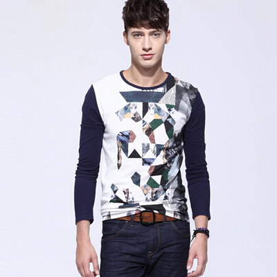 韩版修身！马克华菲男式纯棉印花长袖T恤