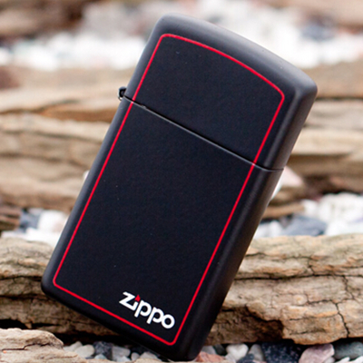 好价！Zippo 打火机 纤巧黑色哑漆红框商标 1618ZB
