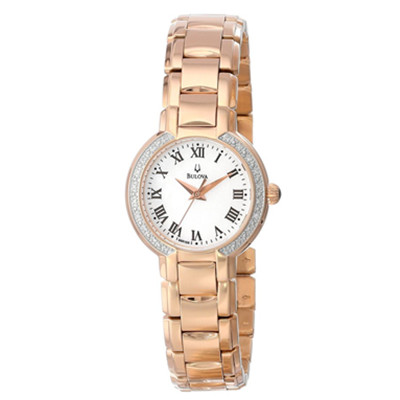 再降！宝路华Bulova 98R156 玫瑰金珍珠贝母表盘镶钻女表