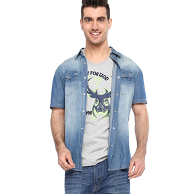 再降！IZOD 机车牛仔 男式 短袖休闲衬衫 1114222158