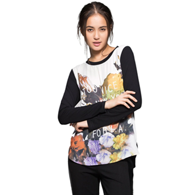 白菜！Etam Weekend 印花雪纺拼接T恤 14022832095