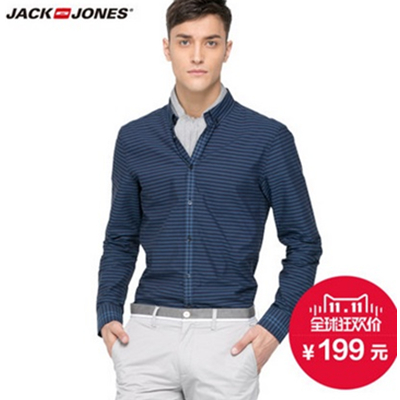 双11预售！杰克琼斯条纹休闲男士长袖衬衫E|214305028