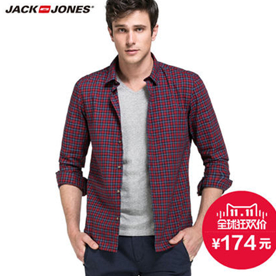 双11好价！杰克琼斯纯棉男士格子合体长袖衬衫C|215305021