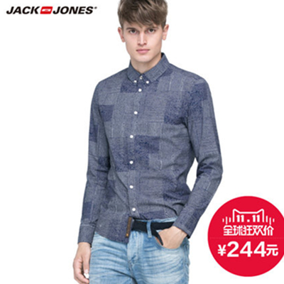 双11好价！杰克琼斯纯棉男士印花扣领修身长袖衬衫O|215305005