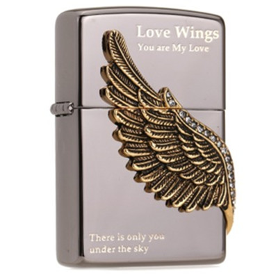 好价！ZIPPO打火机爱之翼黑冰镶钻徽章LOVE-WINGS