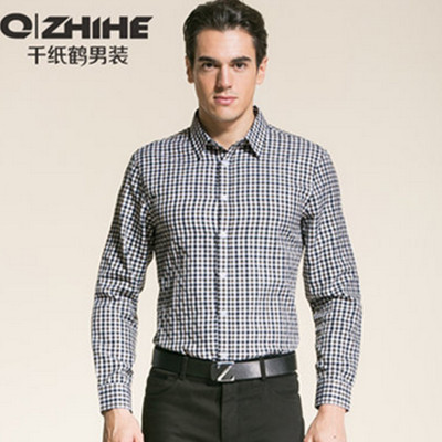 历史好价！千纸鹤 男士方领格子长袖衬衫0280