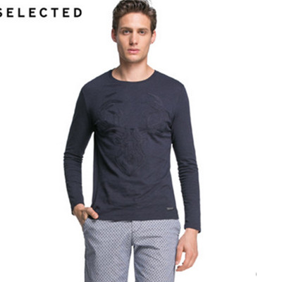 小鹿图案！SELECTED思莱德纯棉图案男长袖T恤F415302001