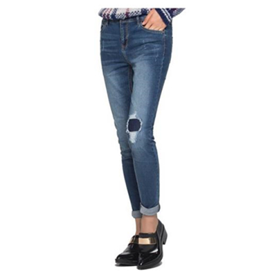 秒杀好价！Etam Weekend 女款破洞磨白修身牛仔裤