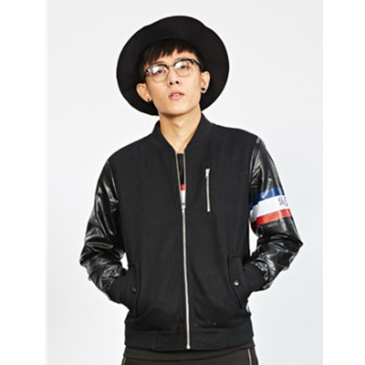 学院风！Preppy Elite 纯色拼接皮衣